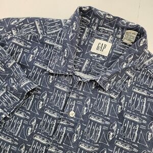GAP Mens Nautical Ship Bottle Print Short Sleeve Blue Button Up Shirt Linen XL